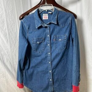 Levi Strauss Signature Pearl Snap Denim Jean Tailored Fit Size XL Red Cuffs